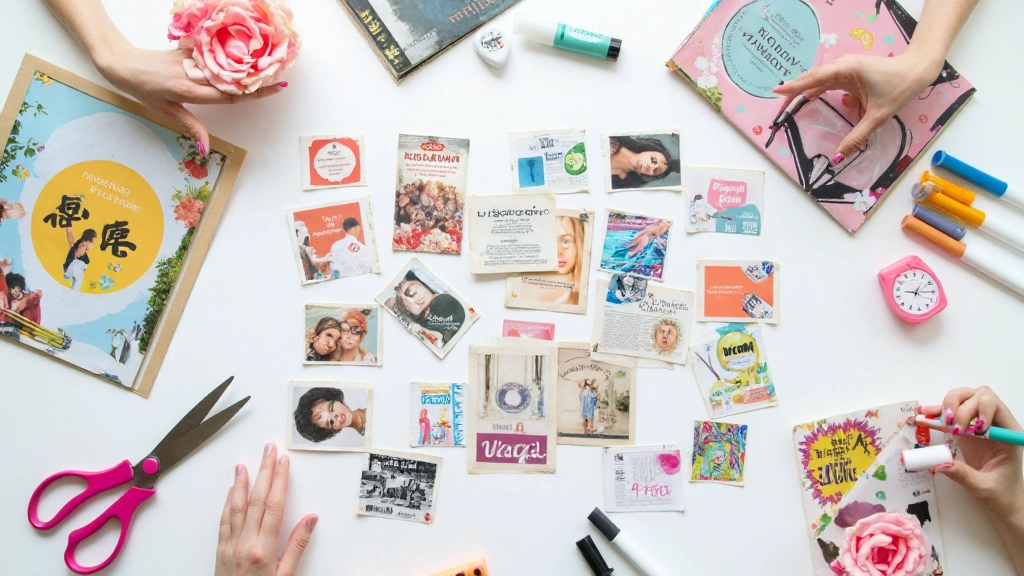 Gekleurde papieren, scharen en plakband op een wit werktafel voor het maken van een visionboard