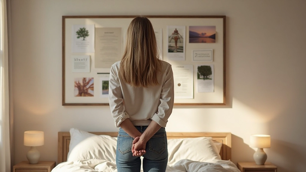 Afgewerkt visionboard opgehangen aan een muur in een moderne slaapkamer met warm licht