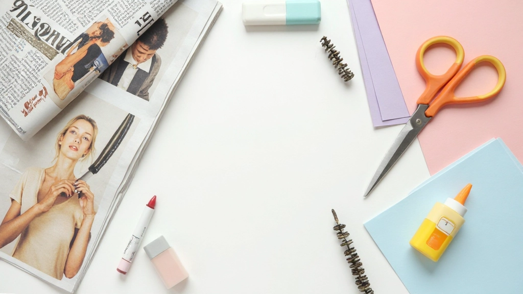 Verzameling van materialen op tafel: magazines, schaar, lijmstift, kleurenpapier en karton