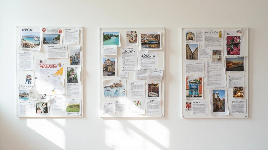 Verschillende visionboards met verschillende thema's uitgelegd op een muur