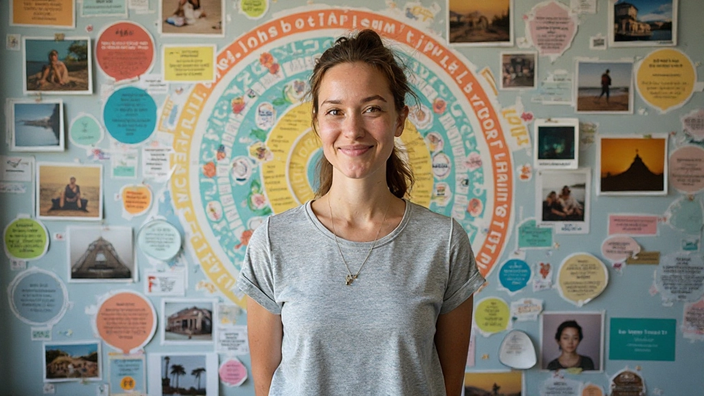 Visionboard met één centraal thema bijvoorbeeld groei of transformatie met alles eromheen passend bij dat onderwerp