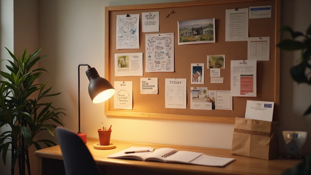 Visionboard opgehangen boven een bureau met dagelijkse notities en motivatie kaarten