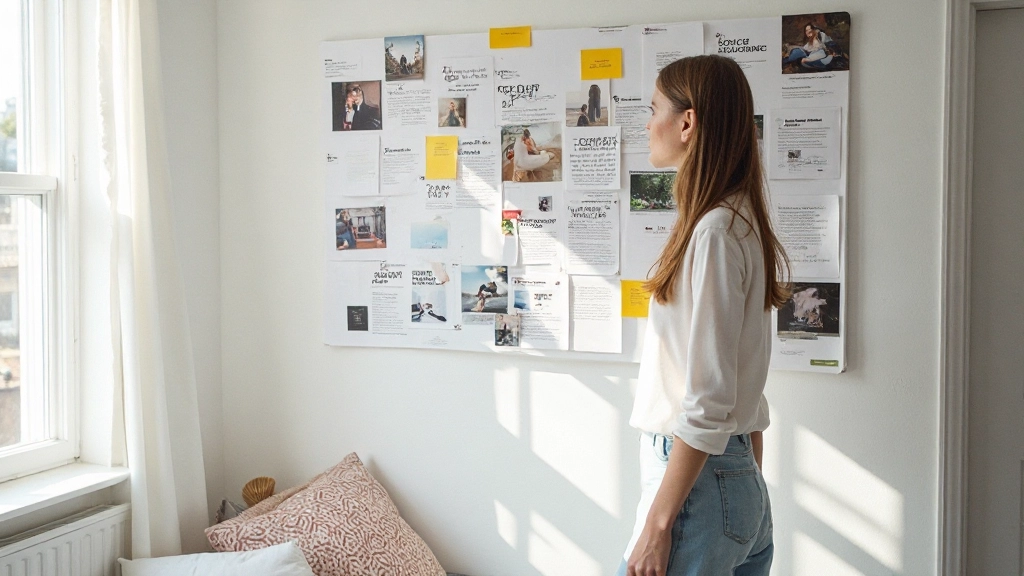Mooie fysieke visionboard op witte muur met verschillende kleuren, afbeeldingen en inspirerende woorden
