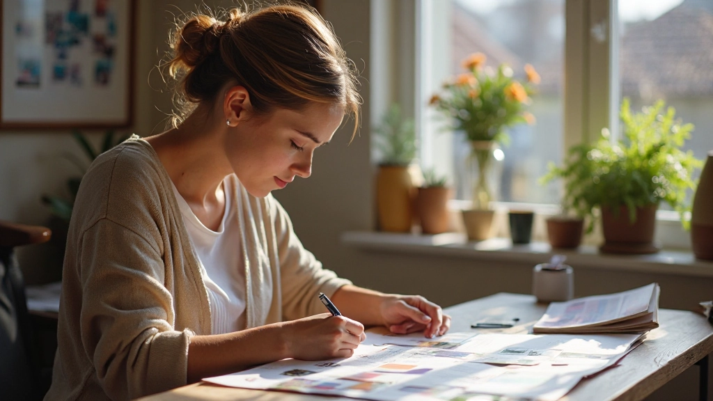 Vrouw die aan een creatieve werkplek een visionboard ontwerpt met gekleurde papieren en inspiratiefoto's