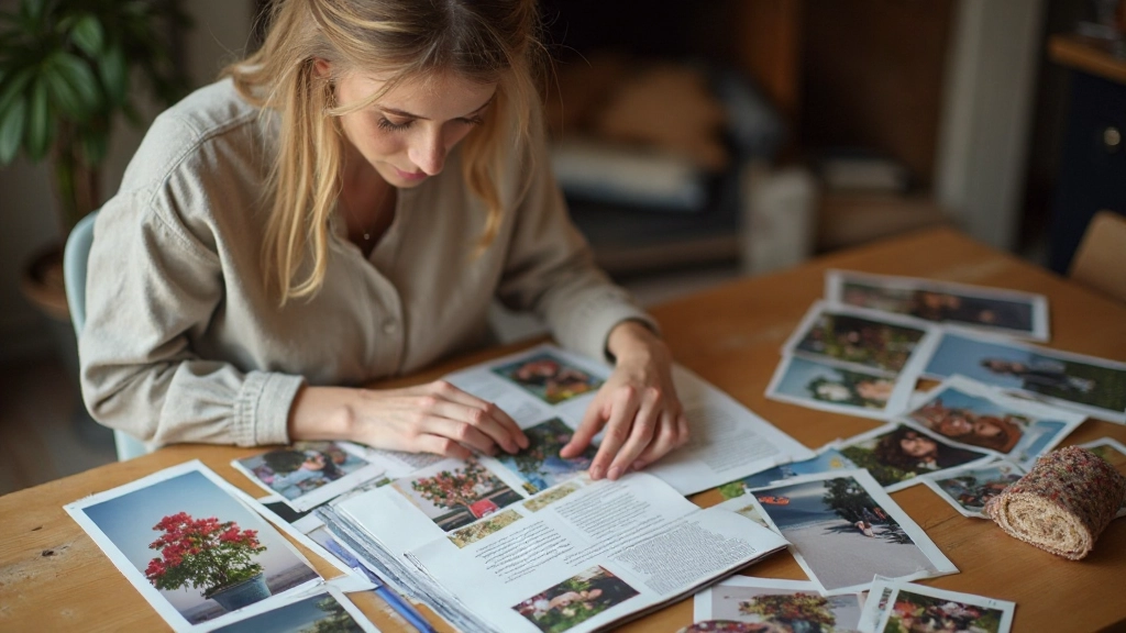 Vrouw die een visionboard maakt met gekleurde papieren en magazines op een houten tafel