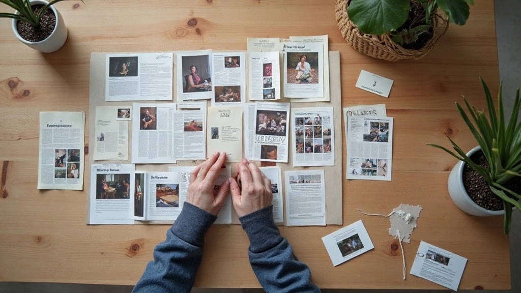 Visionboard in voorbereiding met losse plaatjes en afbeeldingen uitgelegd voordat ze worden vastgeplakt