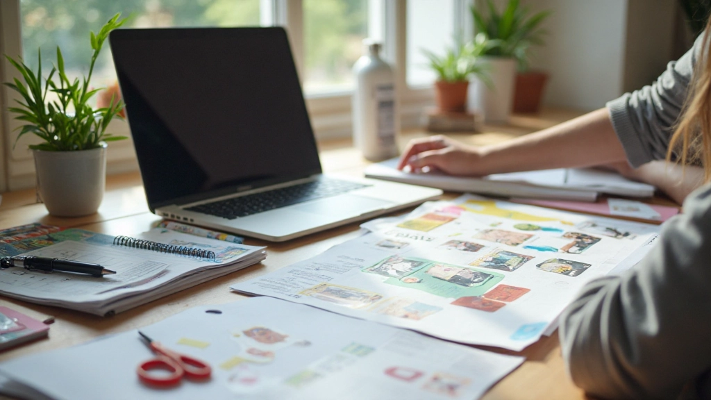 Werkplek met laptop, papier, scharen, magazines en beginnen van het maken van een visionboard